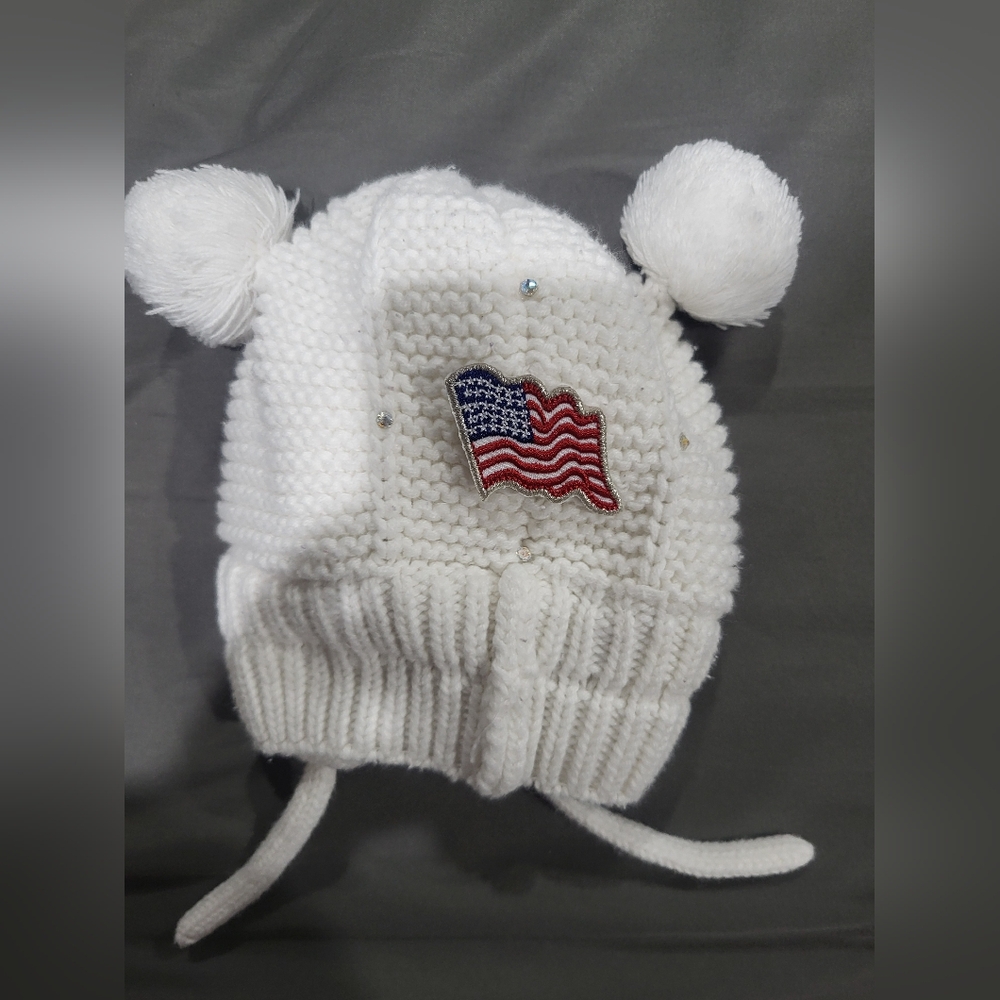 White Knit Kids Hat with Flag Patch